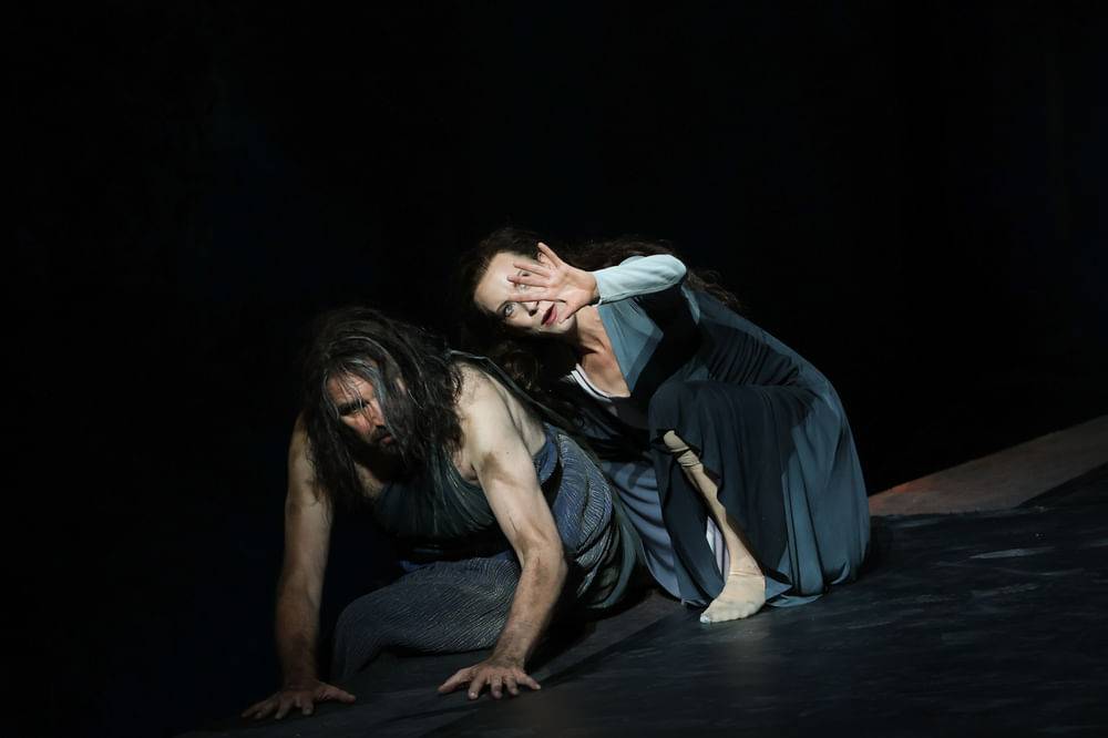 Probenfoto: Tommi Hakala (Jochanaan), Astrid Kessler (Salome)