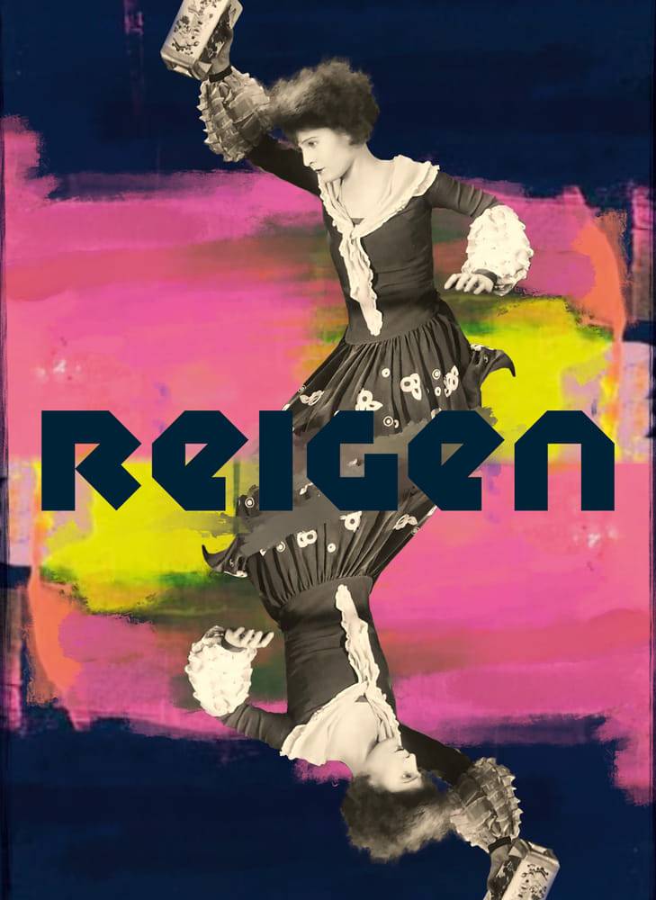 Premierensujet „Reigen“: Eine stilisierte, historische Tänzerin, in der Bildmitte gespiegelt. Der Hintergrund besteht aus kräftigen, abstrakten Farbflächen in Pink, Gelb und Blau. Über der Figur steht groß der Schriftzug „Reigen“