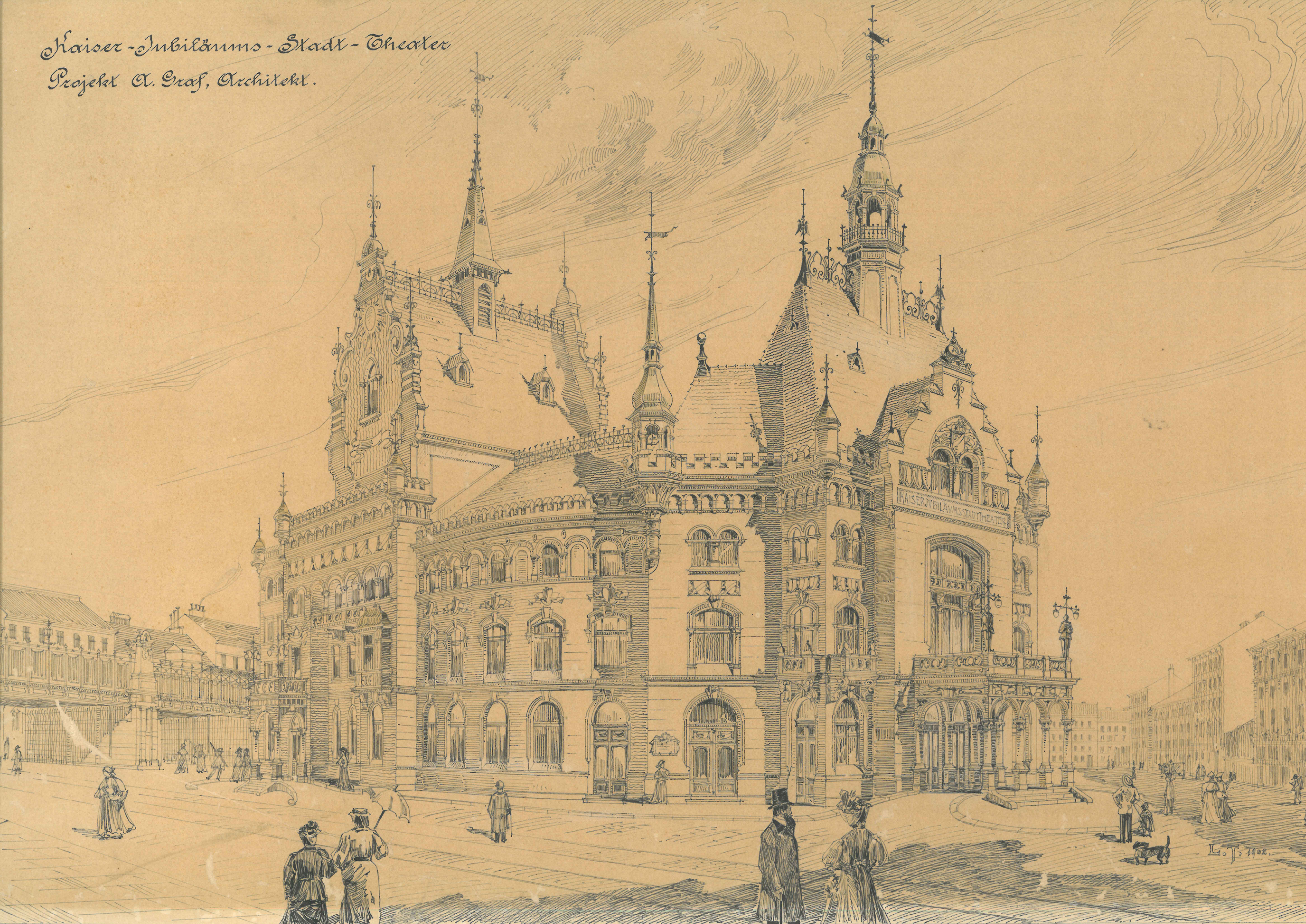 Entwurf des Kaiserjubiläums-Stadttheaters, Zeichnung des Architekten Alexander Graf © Bezirksmuseum Währing