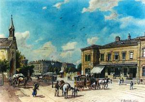 Währinger Linie 1891, gemalt von F. Reinholz Blickrichtung stadtauswärts; Rechts: An der Stelle des Linienamtes steht heute die Volksoper. Links: An der Stelle Linienkapelle befindet sich heute die Confiserie „Zum süße Eck“. © Bezirksmuseum Währing