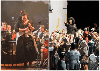  Katia Ledoux als Carmen in <em>Killing Carmen</em> auf dem Donauinselfest 2025 und als Carmen in <em>Carmen</em> auf der Volksopernbühne.