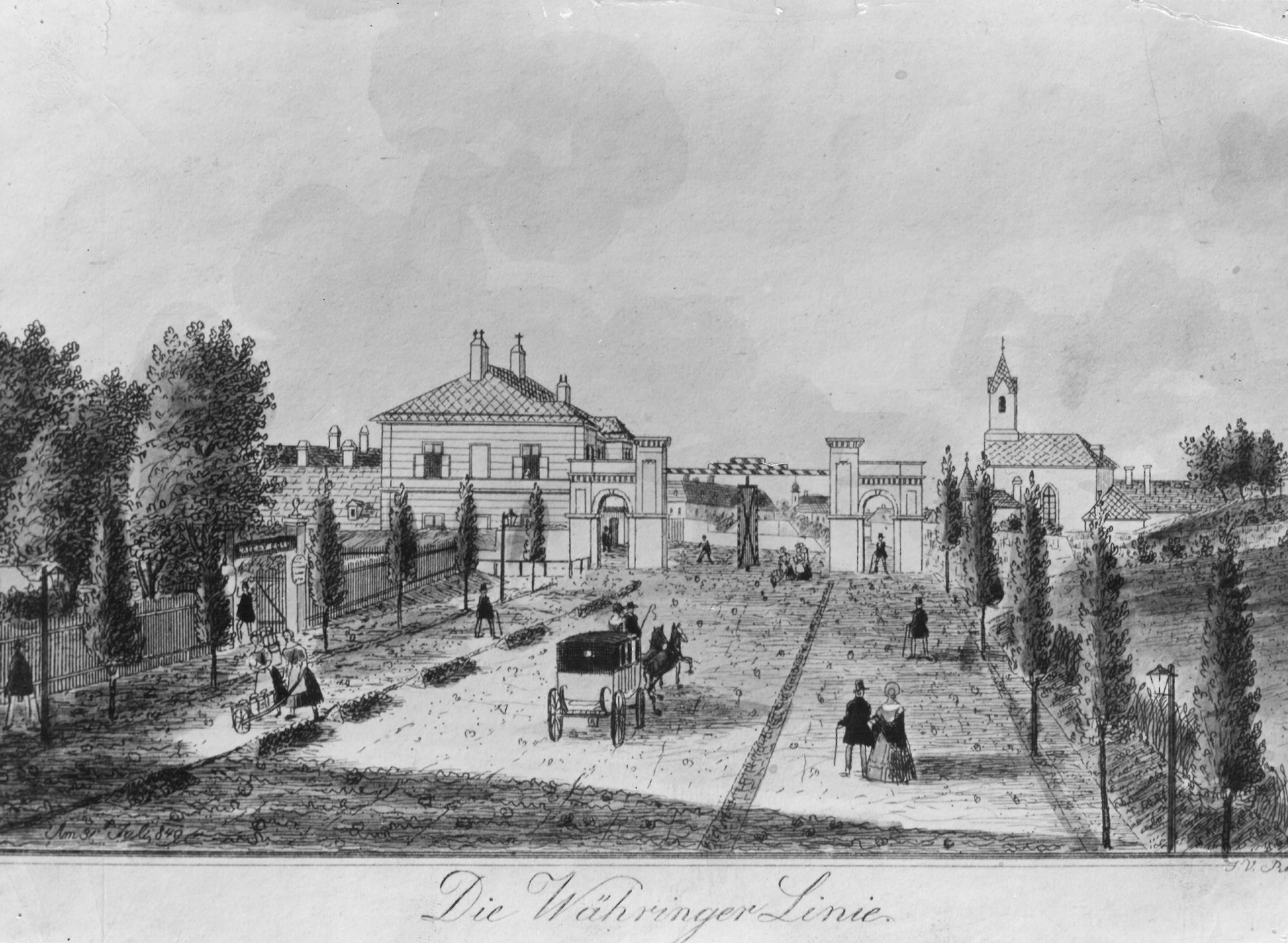 Die Währinger Linie 1849, Stich von V. Reim
Blickrichtung Stadteinwärts;
Links: An der Stelle des Linienamtes steht heute die Volksoper.
Rechts: An der Stelle Linienkapelle befindet sich heute die Confiserie „Zum süße Eck“.
