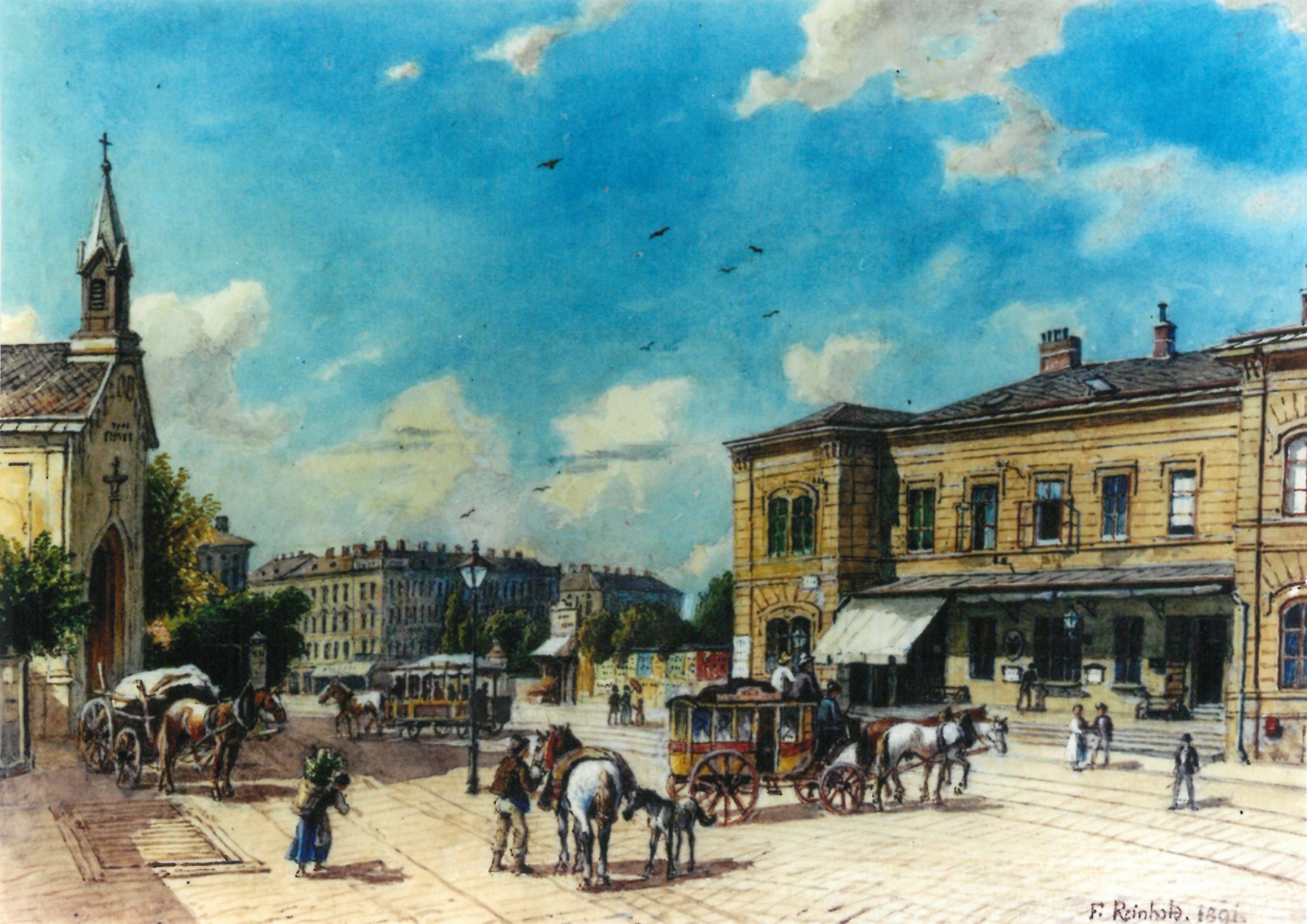 Währinger Linie 1891, gemalt von F. Reinholz 
Blickrichtung stadtauswärts;
Rechts: An der Stelle des Linienamtes steht heute die Volksoper.
Links: An der Stelle Linienkapelle befindet sich heute die Confiserie „Zum süße Eck“.