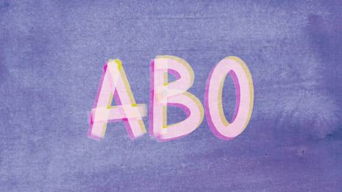 Grafik mit dem Wort ‚ABO‘ in großen, leicht überlappenden rosa-gelben Buchstaben auf violettem strukturiertem Hintergrund.
