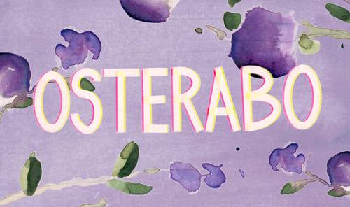 Grafik mit dem Wort ‚OSTERABO‘ in großen, leicht überlappenden rosa-gelben Buchstaben auf violettem strukturiertem Hintergrund.